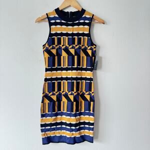 Akira Sweater Dress Womens Small Yellow Blue Geometric Print Bodycon Going Out‎
